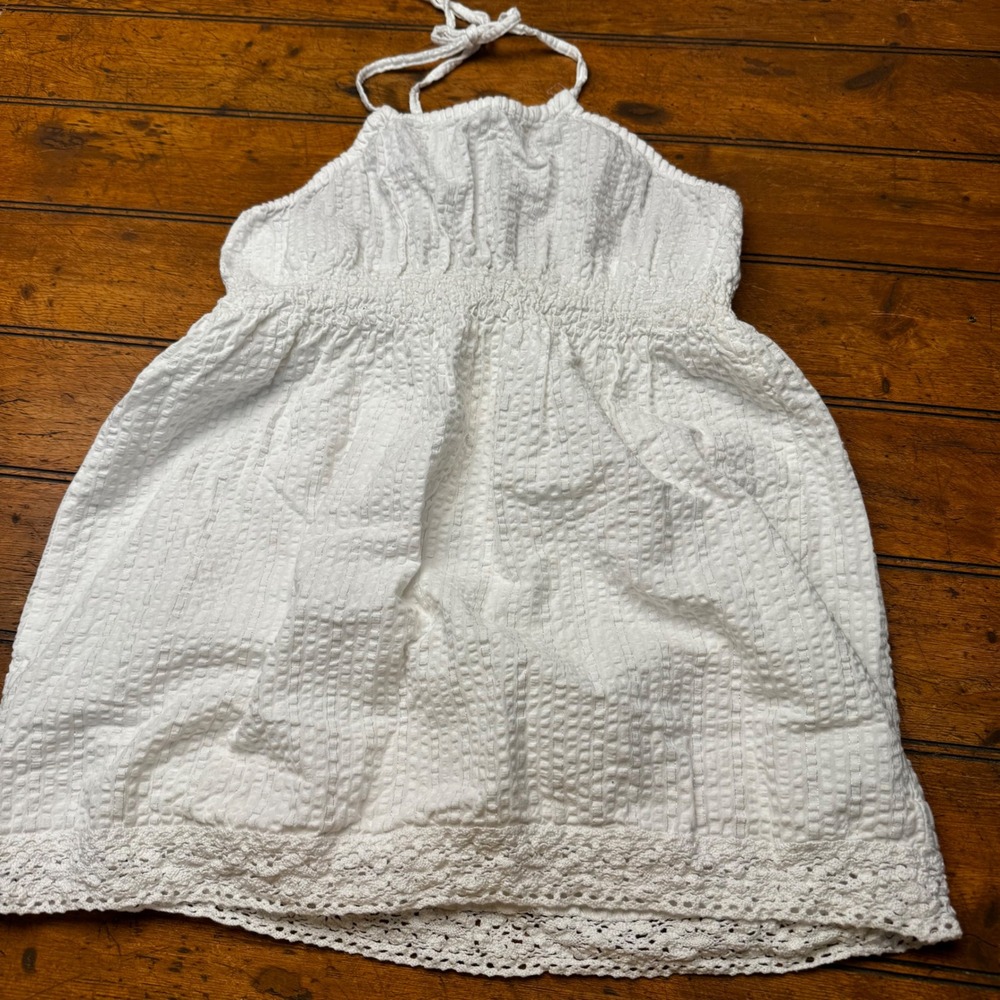 Arizona Jean Co White Seersucker Halter Top Smocked Crochet Lace Trim Womens M‎